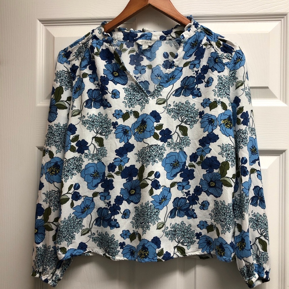 Lucky Brand White Floral V-Neck Long Sleeve Blouse